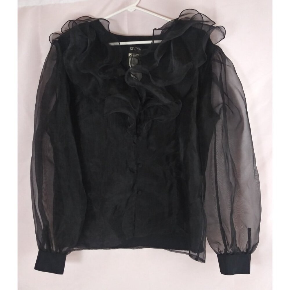 NWT Erena Women's Black Sheer Lined Ruffle Button-Up Blouse Size 12